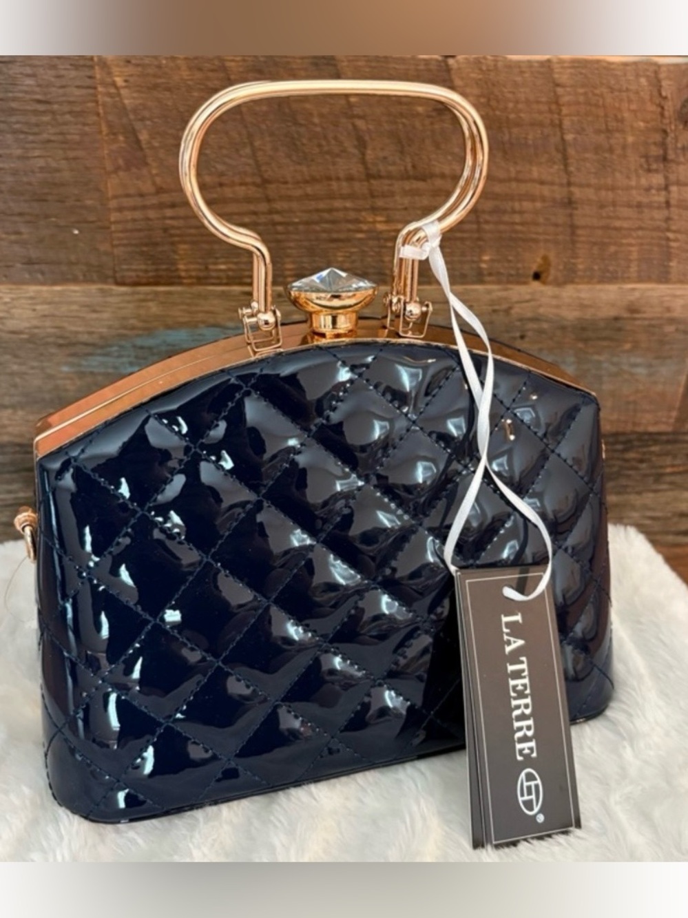 LA TERRE Navy Patent Quilted Top-Handle Clutch